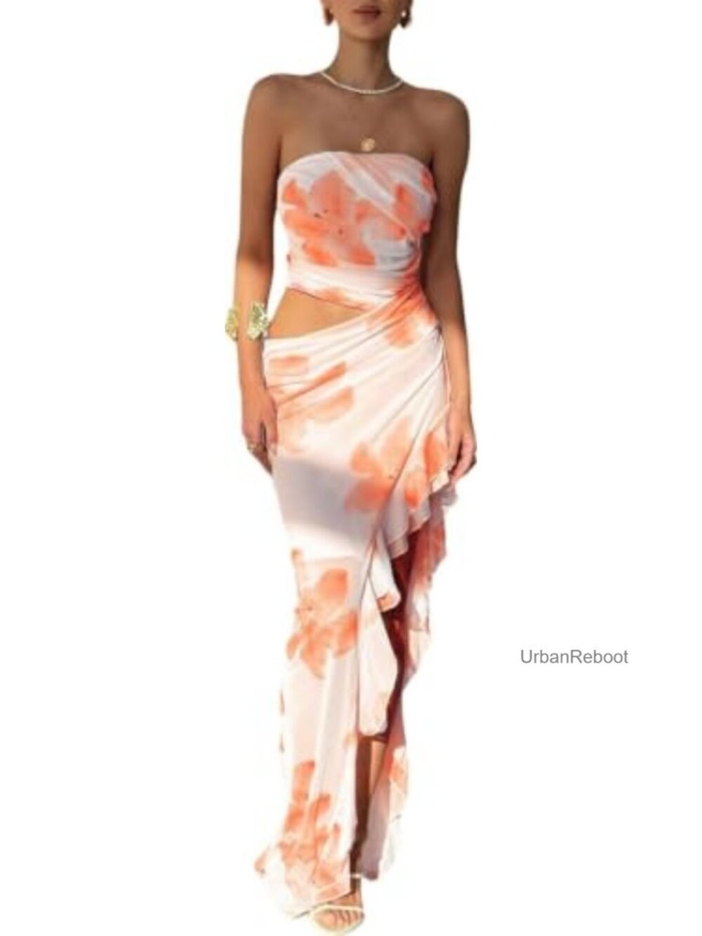 Floral Cut Out Strapless Long Vacation Dress Ruffle Irregular Hem